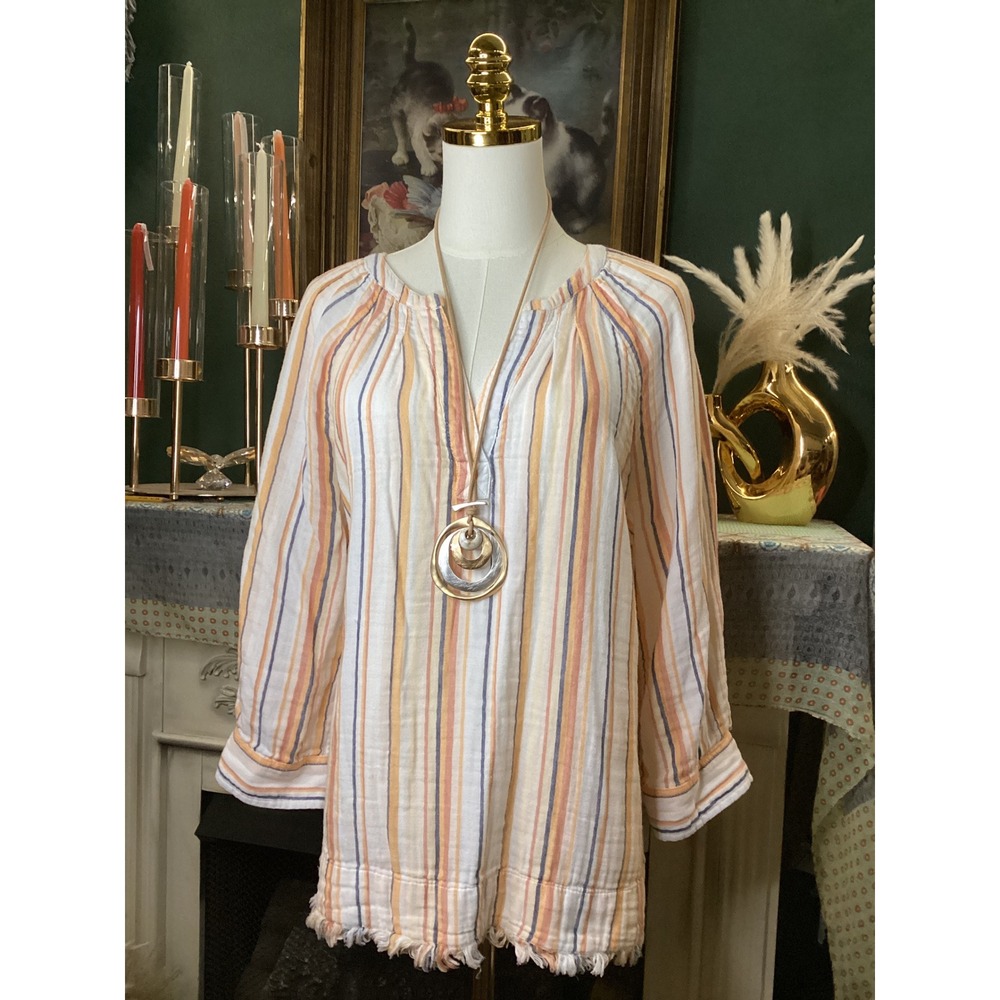 Liverpool Los Angeles Striped Cotton Gauze Tunic Top Orange Blue Medium